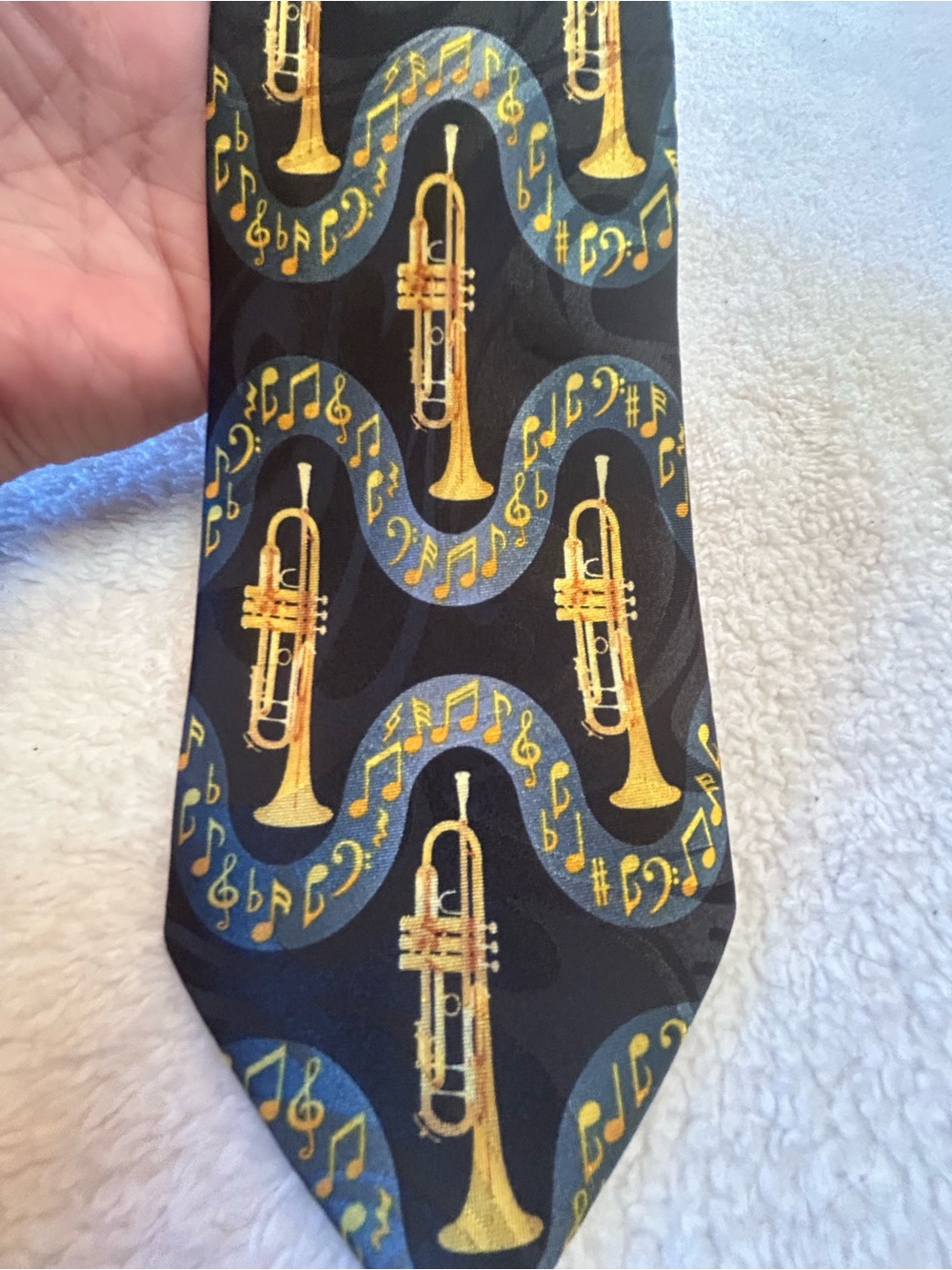 🎁3 for $30 - Black Musical Trumpet Pattern Tie with Gold Accents